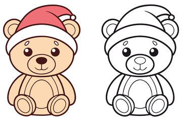 Cartoon teddy bear wearing a Santa hat sits next to its black and white outline version