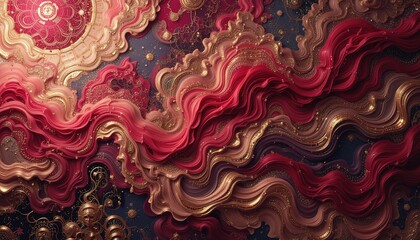 Opulent Waves of Crimson and Gold: An Intricate Abstract Design