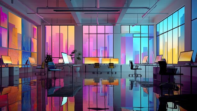 Modern office space with vibrant city views at night.  Spacious, open-plan layout, filled with colorful computers, desks, and chairs.  Large windows showcase a vibrant cityscape