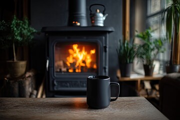 Cozy scene by a wood-burning stove, with a mug of hot drink.  Warm flames, dark colors, and greenery create a tranquil atmosphere