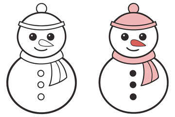 Two cute snowmen stand side by side, one colored pink and white