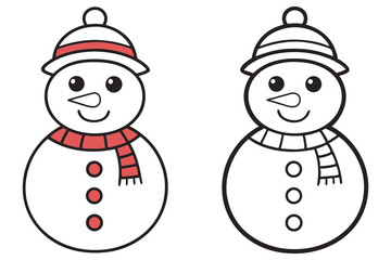 Two cute snowmen stand happily together, each wearing a hat and scarf, in line art
