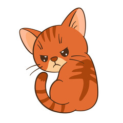 Angry orange tabby cat sits and looks over his shoulder. Flat style Chibi cat clean, simple design. Perfect for children’s content, greeting cards, stickers, tshirts, mug and posters illustration