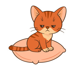Bored and frowning orange tabby cat sitting on pink pillow. Flat style Chibi cat clean, simple design. Perfect for children’s content, greeting cards, stickers, tshirts, mug and posters illustration
