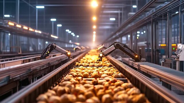 A vast industrial chicken processing plant with conveyor belts running in multiple directions, automated robotic arms swiftly handling poultry, symbolizing efficiency in mass produ