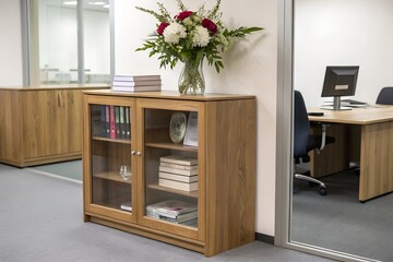 Fototapeta premium Side cabinet in office with one vase and stack of books