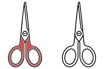 Outlined scissors with a red handle stands isolated alongside a black outline on white