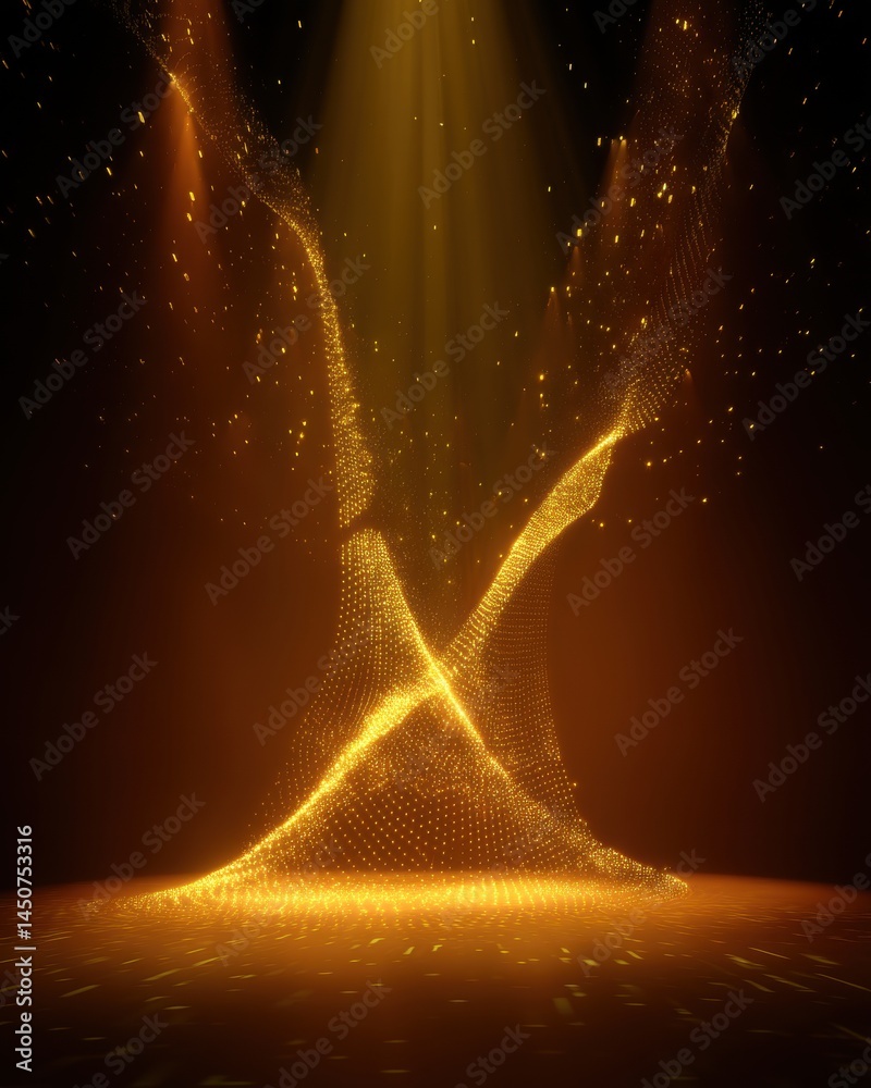 Poster golden particles flowing in a dynamic formation with light rays on dark background
