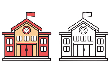 Handdrawn school building features a clock, windows, doors, and a flag in both color and monochrome