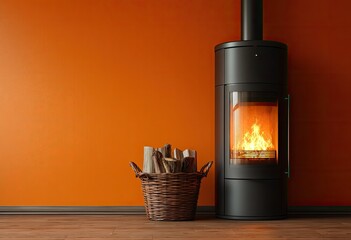 Modern, dark gray wood burning stove against an orange wall, with a wicker basket of logs