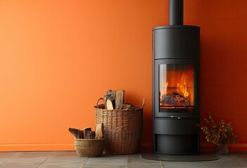 Modern wood-burning stove in an orange room, with firewood basket
