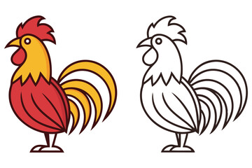 Red and yellow rooster with a monochrome line art rooster beside it on white