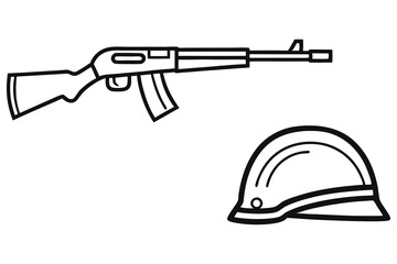 An outlined military helmet sits near a rifle weapon against a white background