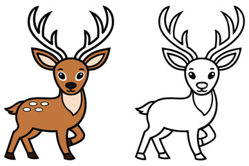 Smiling brown deer with large antlers and a line art version stands next to it