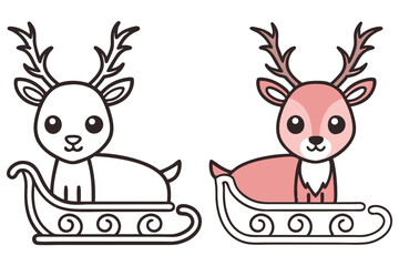 Two charming reindeers, one outlined and one pink, sit sweetly within decorated sleighs, transparent background