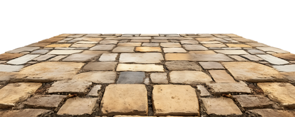 Stone pavement seamless texture on transparent background cutout detailed perspective view