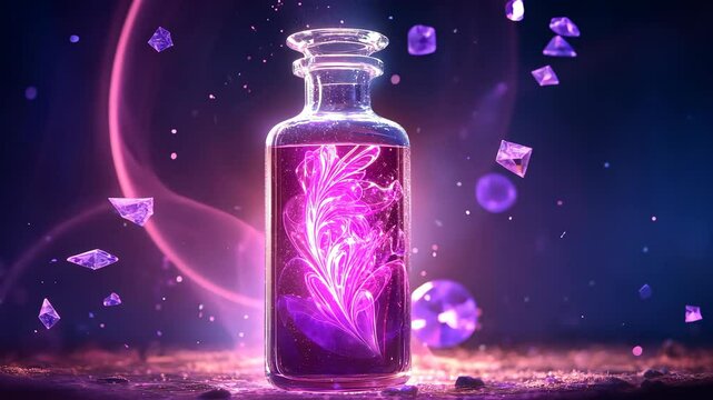 Enchanted potion bottle with glowing crystals in mystical atmosphere