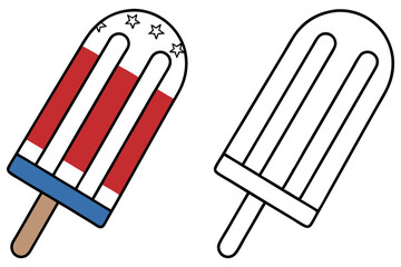 Red, white, and blue popsicle with stars sits next to a line art version