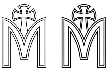Two outlined Marian symbols featuring letter M and cross share common characteristics in the design