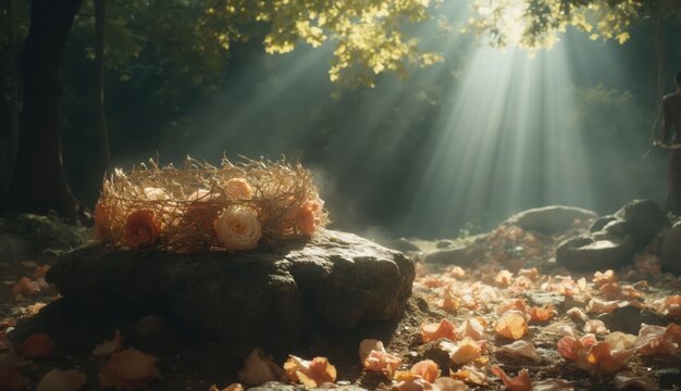 Woven crown made of thorny twigs and orange roses rests on a large rock under soft beams of sunlight in a forest clearing surrounded by fallen petals and mist - Powered by Adobe