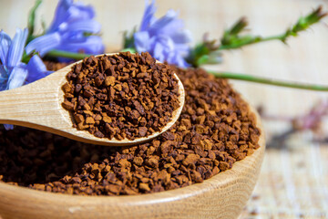 Ground chicory root on a wooden spoon and chicory flowers on a rustic wooden background. Alternative medicine. Healthy drinks. chicory drink