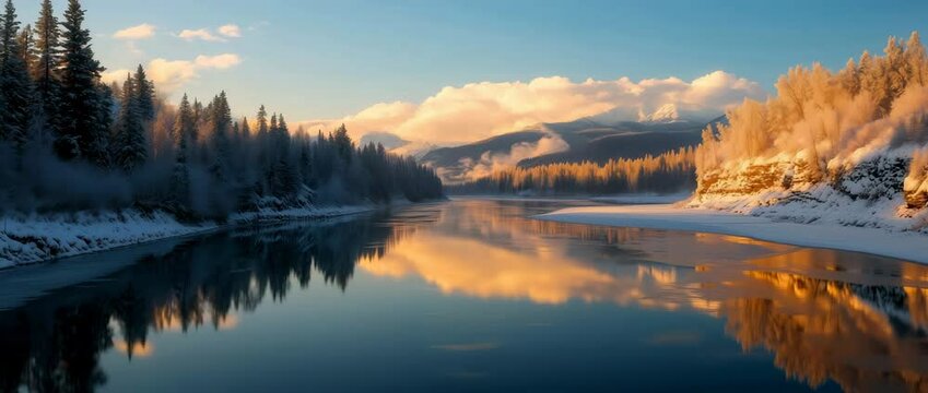 Serene Winter Landscape with Snowy Forest and Calm River Reflection