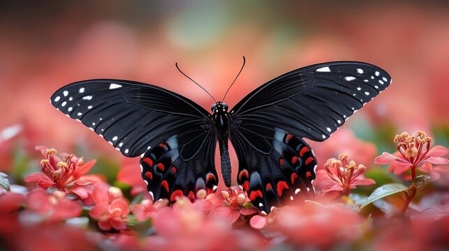 Black butterfly with red accents on flowers