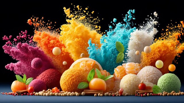 color explosion abstract creative background, vibrant powder splash with fruit and colorful balls artistic design for festival celebration advertising poster or modern digital art concept