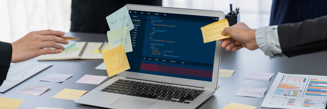 Software development programming on computer screen for brisk application and program coding