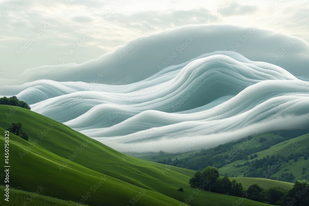 Poster timelapse of shifting white clouds over rolling green hills at dawn, time-lapse of the shape of whit