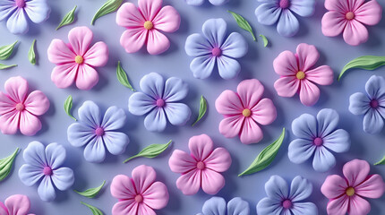 3D Illustration of pink and blue flowers with green leaves arranged on a light purple background.