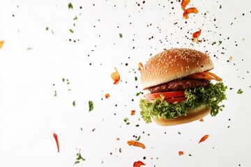 Delicious burger with fresh ingredients in dynamic motion on a clean white background capturing the essence of fast food photography and culinary delight