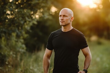 Fototapeta premium Handsome bald sportsman walking confidently in nature during sunset, Bald handsome sportsman wearing black t-shirt walking outdoors in the morning