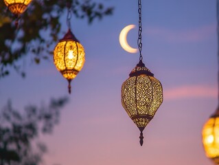 Obraz premium Enchanting ramadan lanterns illuminate twilight sky with crescent moon casting a serene glow creating a peaceful atmosphere celebration of islamic tradition