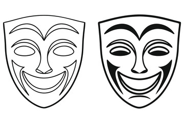 Two stylized masks showcase happiness and sadness through bold line work on white