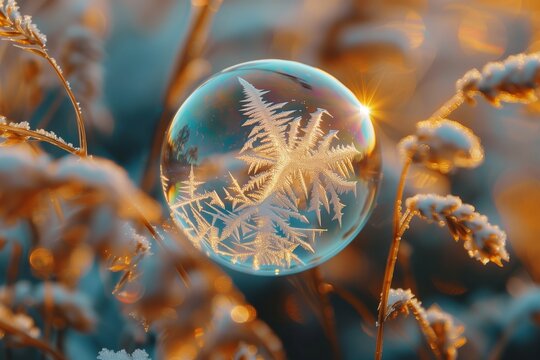 A beautiful frozen soap bubble with intricate ice patterns illuminated by sunlight in a natural winter setting.