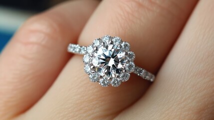 Close-up of a dazzling diamond halo engagement ring on a finger.