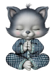 An adorable grey kitten wea blue plaid pajamas sits in a meditative pose with eyes closed, illustrating calmness and serenity on a white background image.