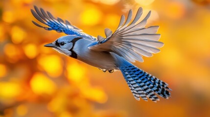 Obraz premium Blue jay in flight, autumnal background