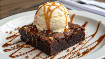 Gourmet Chocolate Brownie Topped with Vanilla Ice Cream and Caramel Drizzle
