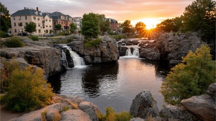 River cascading among rocks at sunset