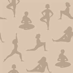 Seamless vector monochrome pattern with silhouettes of women doing yoga on beige background