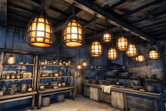 Rustic, lit shop interior