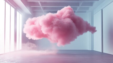 Pink cloud floats in a minimalist, bright white room.