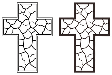 Two black outline christian crosses display an interesting shattered and broken pattern throughout their design
