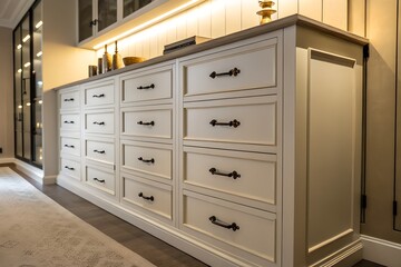 Storage cabinet with closed drawers, soft lighting