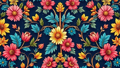 Intricate, flowing floral pattern, continuous design , yellow, bloom