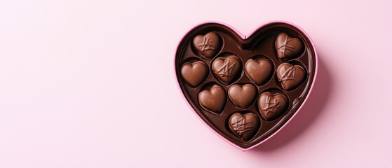 Heart shaped chocolate box filled with delicious heart shaped chocolates on a pink background perfect for valentine day sweet gift and romantic gesture