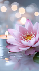 Macro Shots of a Pink Lotus Flower Floating on Water With Serene Candlelight for a Vesak Celebration