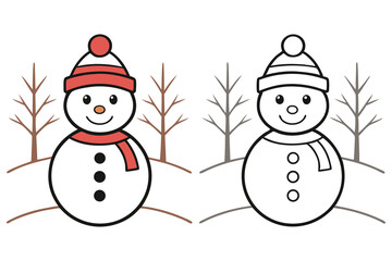 Two snowmen stand near bare winter trees, one colored and one in outline